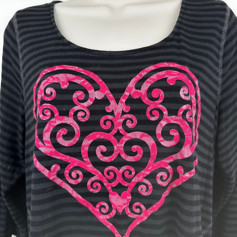 One World Striped Shirt Top Heart Graphic 3/4 Sleeve Black Pink Large - Picture 2 of 11